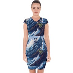 Lighthouse Sea Waves Capsleeve Drawstring Dress  by uniart180623