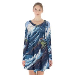 Lighthouse Sea Waves Long Sleeve Velvet V-neck Dress by uniart180623