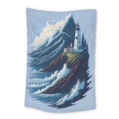 Lighthouse Sea Waves Small Tapestry by uniart180623