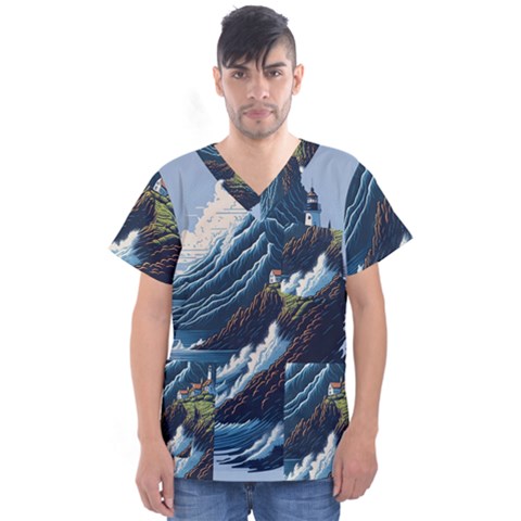 Lighthouse Sea Waves Men s V-neck Scrub Top by uniart180623