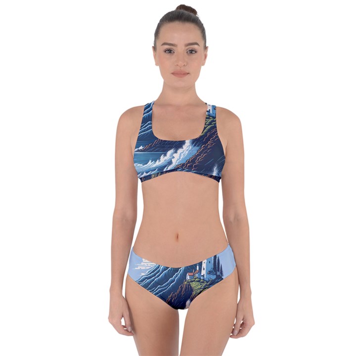 Lighthouse Sea Waves Criss Cross Bikini Set