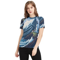 Lighthouse Sea Waves Women s Short Sleeve Rash Guard by uniart180623