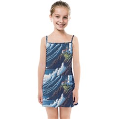 Lighthouse Sea Waves Kids  Summer Sun Dress by uniart180623