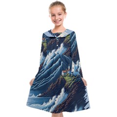 Lighthouse Sea Waves Kids  Midi Sailor Dress by uniart180623