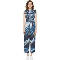 Lighthouse Sea Waves Women s Frill Top Chiffon Jumpsuit by uniart180623