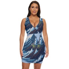 Lighthouse Sea Waves Draped Bodycon Dress by uniart180623