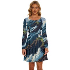 Lighthouse Sea Waves Long Sleeve Wide Neck Velvet Dress by uniart180623