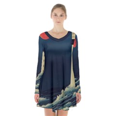 Lighthouse Lunar Eclipse Blood Moon Long Sleeve Velvet V-neck Dress by uniart180623