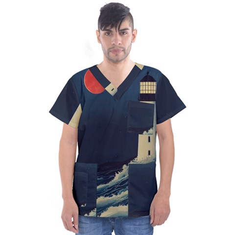 Lighthouse Lunar Eclipse Blood Moon Men s V-neck Scrub Top by uniart180623