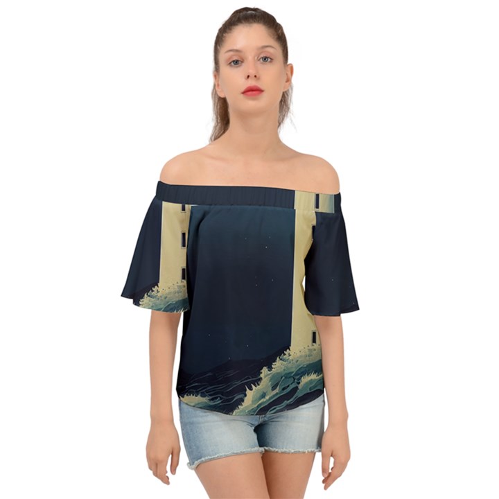 Lighthouse Lunar Eclipse Blood Moon Off Shoulder Short Sleeve Top