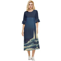 Lighthouse Lunar Eclipse Blood Moon Double Cuff Midi Dress by uniart180623