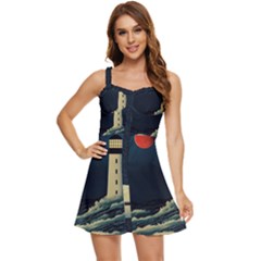 Lighthouse Lunar Eclipse Blood Moon Ruffle Edge Bra Cup Chiffon Mini Dress by uniart180623