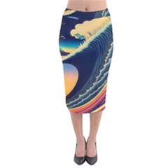 Japanese Japan Waves Sea Ocean Velvet Midi Pencil Skirt by uniart180623