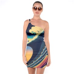 Japanese Japan Waves Sea Ocean One Shoulder Ring Trim Bodycon Dress by uniart180623