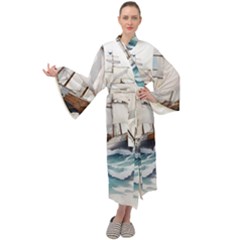 Ship Sail Sea Waves Maxi Velvet Kimono by uniart180623