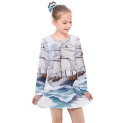 Ship Sail Sea Waves Kids  Long Sleeve Dress by uniart180623