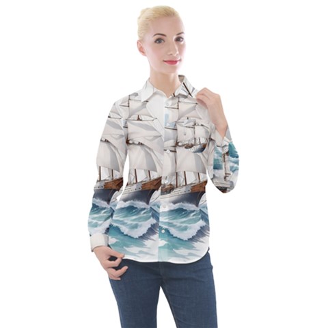 Ship Sail Sea Waves Women s Long Sleeve Pocket Shirt by uniart180623