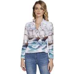 Ship Sail Sea Waves Women s Long Sleeve Revers Collar Cropped Jacket by uniart180623