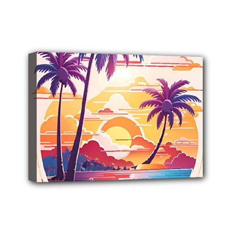 Nature Tropical Palm Trees Sunset Mini Canvas 7  X 5  (stretched) by uniart180623