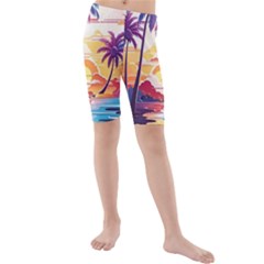 Nature Tropical Palm Trees Sunset Kids  Mid Length Swim Shorts by uniart180623