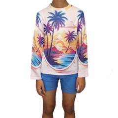 Nature Tropical Palm Trees Sunset Kids  Long Sleeve Swimwear by uniart180623