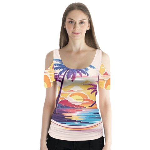 Nature Tropical Palm Trees Sunset Butterfly Sleeve Cutout T-shirt  by uniart180623