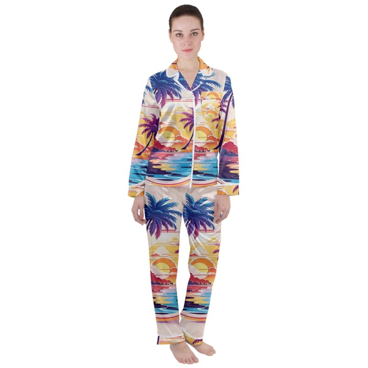 Nature Tropical Palm Trees Sunset Women s Long Sleeve Satin Pajamas Set	