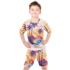 Nature Tropical Palm Trees Sunset Kids  T-shirt And Shorts Set by uniart180623