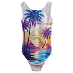 Nature Tropical Palm Trees Sunset Kids  Cut-out Back One Piece Swimsuit by uniart180623