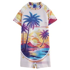 Nature Tropical Palm Trees Sunset Kids  Boyleg Half Suit Swimwear by uniart180623