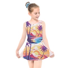 Nature Tropical Palm Trees Sunset Kids  Skater Dress Swimsuit by uniart180623