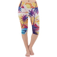 Nature Tropical Palm Trees Sunset Lightweight Velour Cropped Yoga Leggings by uniart180623