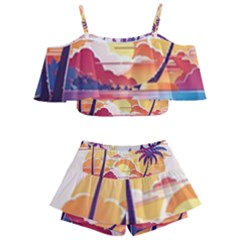 Nature Tropical Palm Trees Sunset Kids  Off Shoulder Skirt Bikini by uniart180623