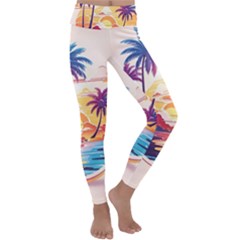 Nature Tropical Palm Trees Sunset Kids  Lightweight Velour Classic Yoga Leggings by uniart180623