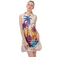 Nature Tropical Palm Trees Sunset Sleeveless Shirt Dress by uniart180623