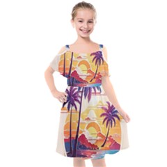 Nature Tropical Palm Trees Sunset Kids  Cut Out Shoulders Chiffon Dress by uniart180623