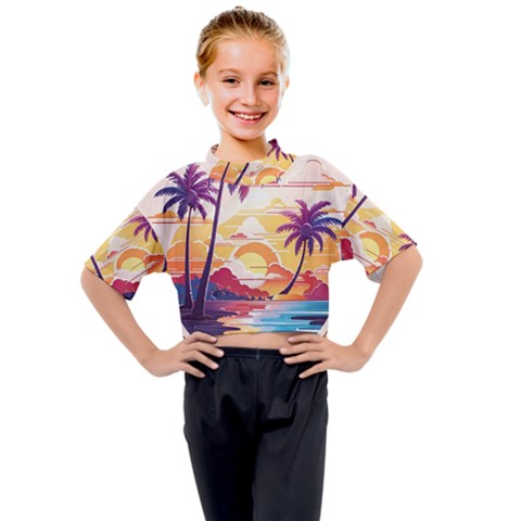 Nature Tropical Palm Trees Sunset Kids Mock Neck T-shirt by uniart180623