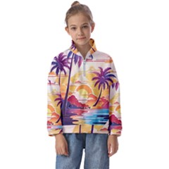 Nature Tropical Palm Trees Sunset Kids  Half Zip Hoodie by uniart180623