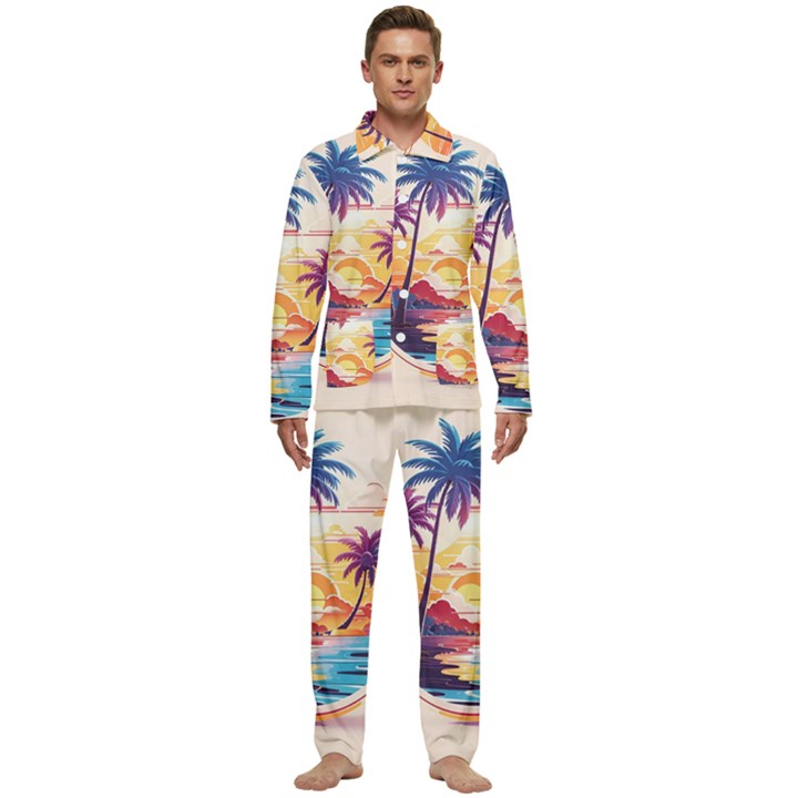 Nature Tropical Palm Trees Sunset Men s Long Sleeve Velvet Pocket Pajamas Set