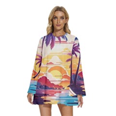 Nature Tropical Palm Trees Sunset Round Neck Long Sleeve Bohemian Style Chiffon Mini Dress by uniart180623