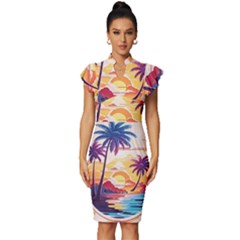 Nature Tropical Palm Trees Sunset Vintage Frill Sleeve V-neck Bodycon Dress by uniart180623