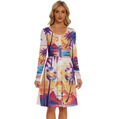 Nature Tropical Palm Trees Sunset Long Sleeve Dress With Pocket by uniart180623