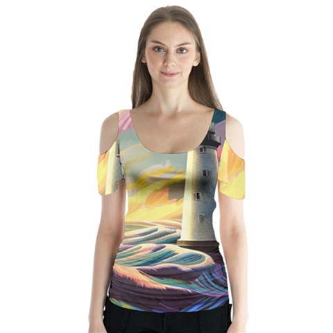 Lighthouse Colorful Abstract Art Butterfly Sleeve Cutout T-shirt  by uniart180623