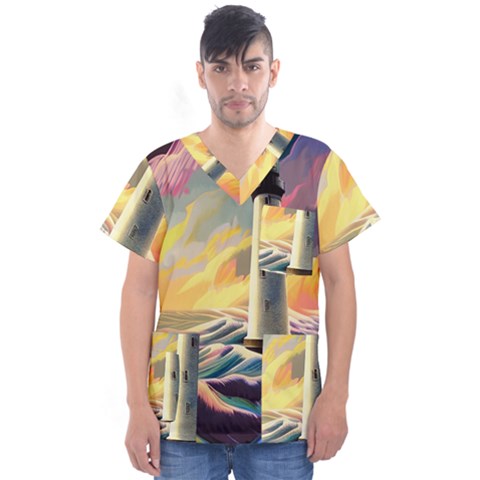 Lighthouse Colorful Abstract Art Men s V-neck Scrub Top by uniart180623