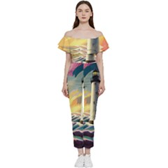 Lighthouse Colorful Abstract Art Bardot Ruffle Jumpsuit by uniart180623