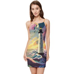 Lighthouse Colorful Abstract Art Summer Tie Front Dress by uniart180623