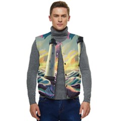 Lighthouse Colorful Abstract Art Men s Button Up Puffer Vest	