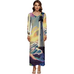 Lighthouse Colorful Abstract Art Long Sleeve Longline Maxi Dress by uniart180623