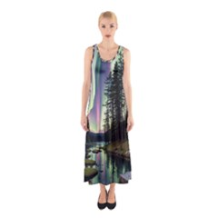 Northern Lights Aurora Borealis Sleeveless Maxi Dress by uniart180623