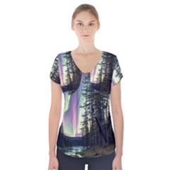 Northern Lights Aurora Borealis Short Sleeve Front Detail Top by uniart180623